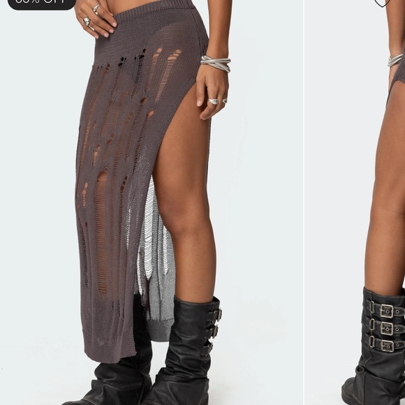 Edikted Distressed Knit Maxi Skirt - Dark Gray - Picture 2 of 5